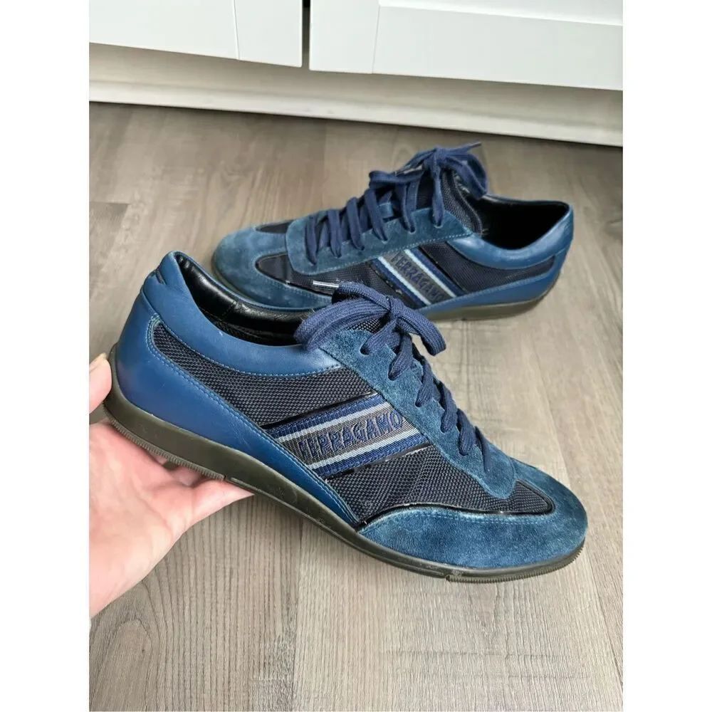 Salvatore Ferragamo Navy Blue Fabric and Leather Lace Up Low Top Sneakers Size 8